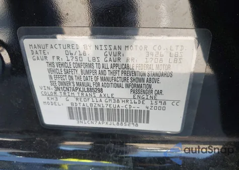 2018 Nissan Versa 1.6 Sv z USA, uszkodzony, nr VIN 3N1CN7APXJL885298